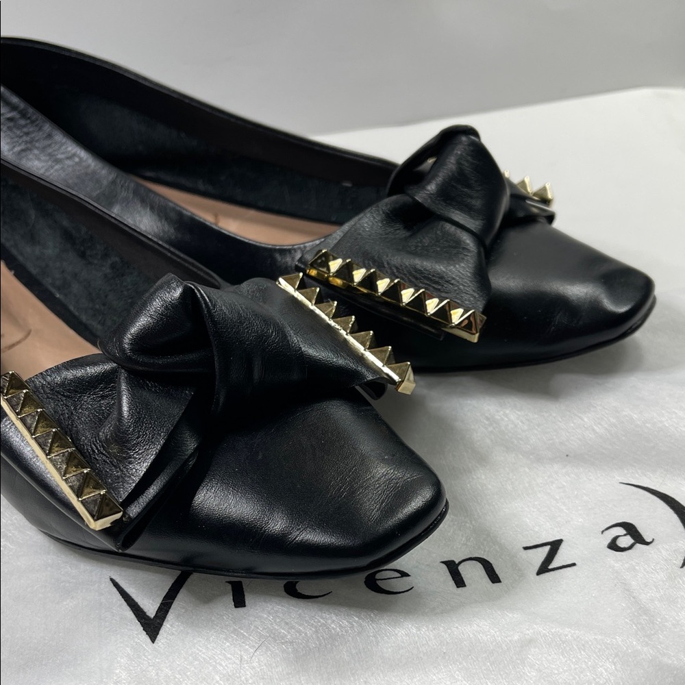 Anthropologie Vicenza Black Leather Women's Flats Studded Bow Size 9M EUC - Picture 8 of 13